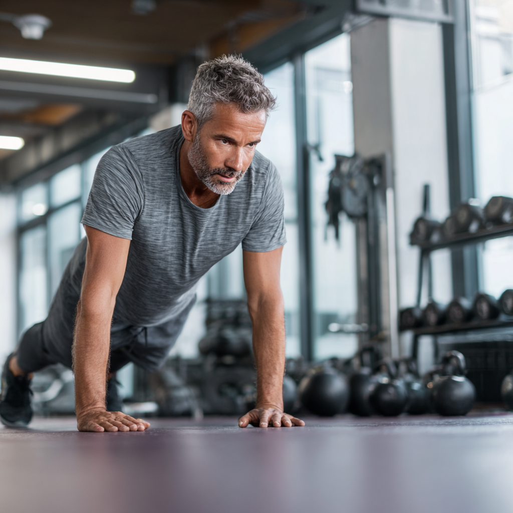 Middle-aged person doing fitness exercises in bright gym environment