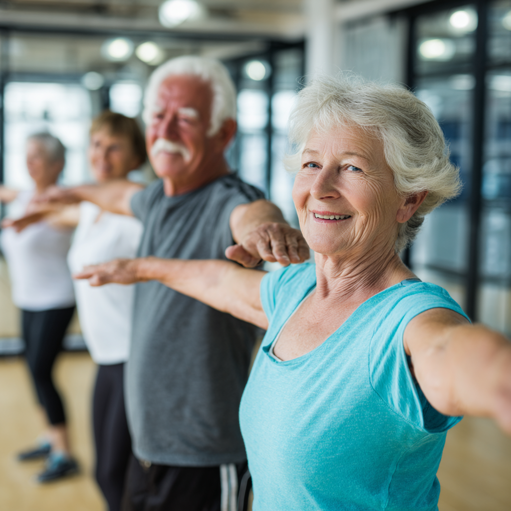 Senior adults participating in fitness class with professional instructor